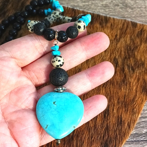 Southwest black & turquoise necklace jasper glass metals artisan custom NEW - Picture 7 of 9